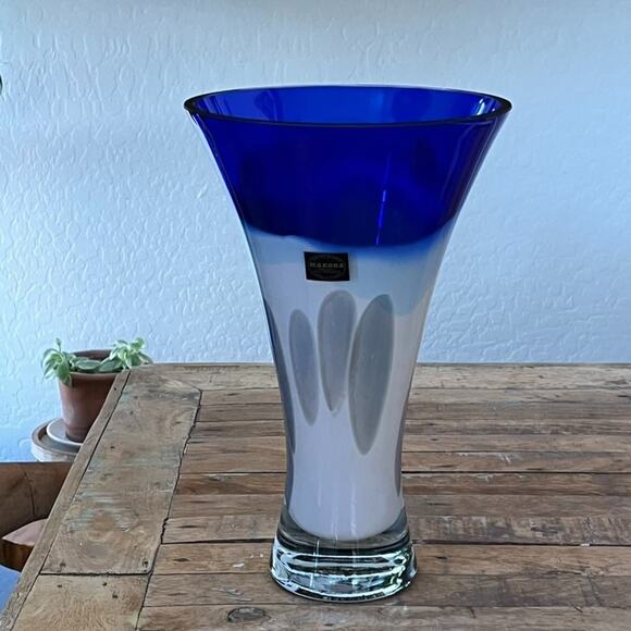 Makora Other - Makora Cobalt Blue Trim Hand-blown Glass Vase 12.5" Tall Made in Poland